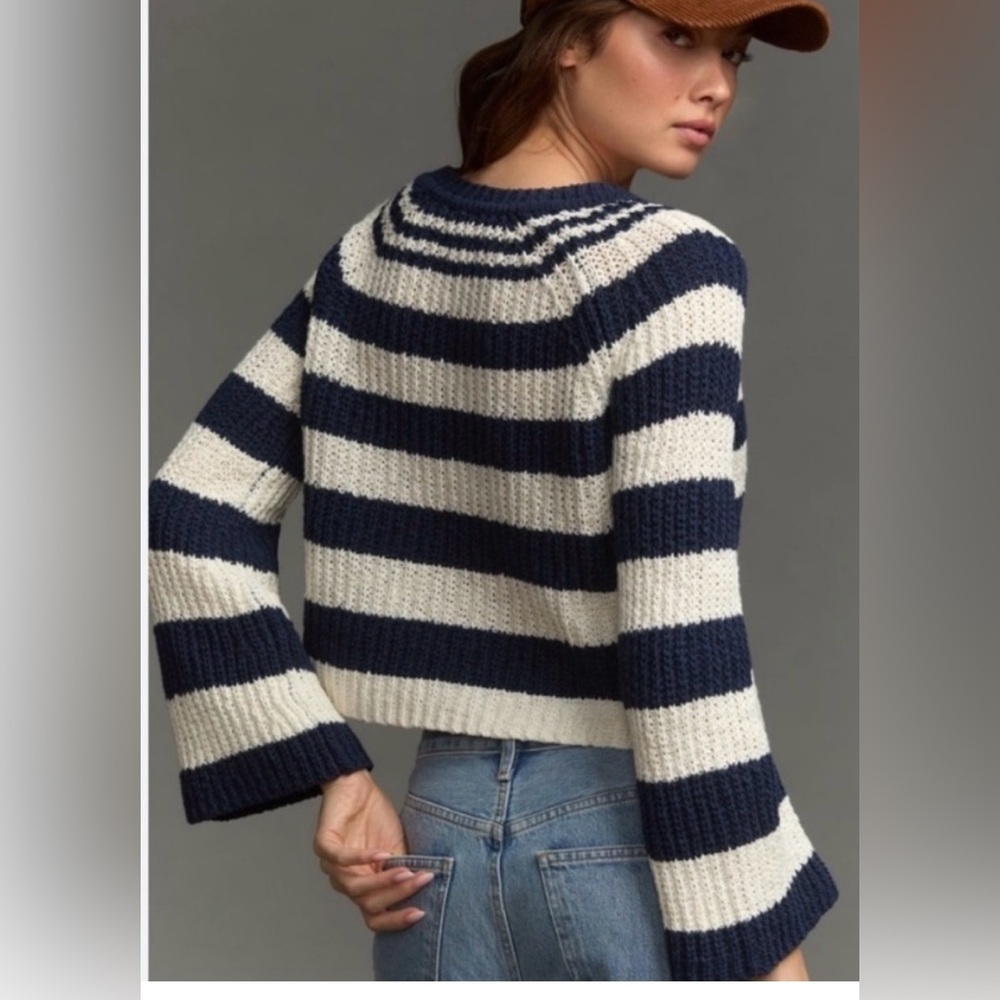 Anthropologie Pilcro Bell-Sleeve Henley Navy Stripes nautical Sweater size L